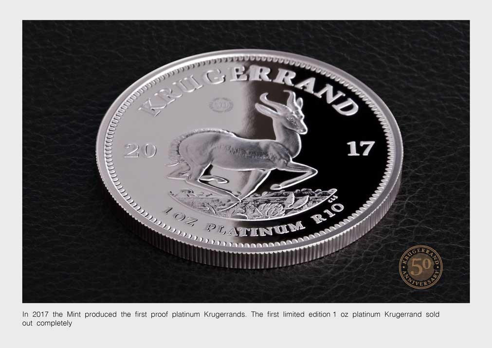 In 2017 the Mint produced the first proof platinum Krugerrands. The first limited edition 1 oz platinum Krugerrand sold out completely