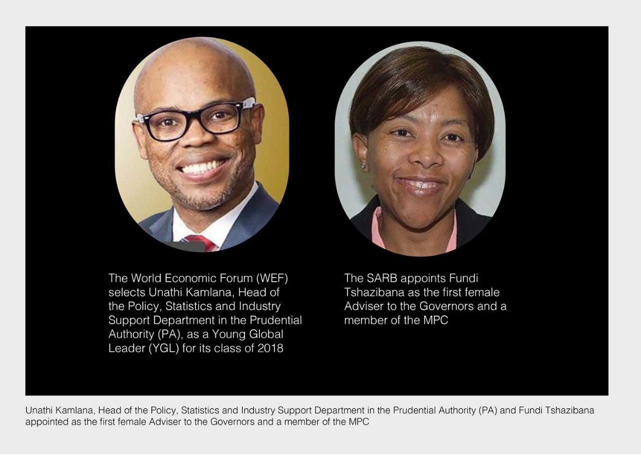 Unathi Kamlana, Head of the Policy, Statistics and Industry Support Department in the Prudential Authority (PA) and Fundi Tshazibana appointed as the first female Adviser to the Governors and a member of the MPC