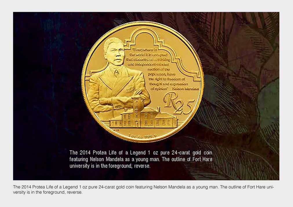 The 2014 Protea Life of a Legend 1 oz pure 24-carat gold coin featuring Nelson Mandela as a young man. The outline of Fort Hare university is in the foreground, reverse